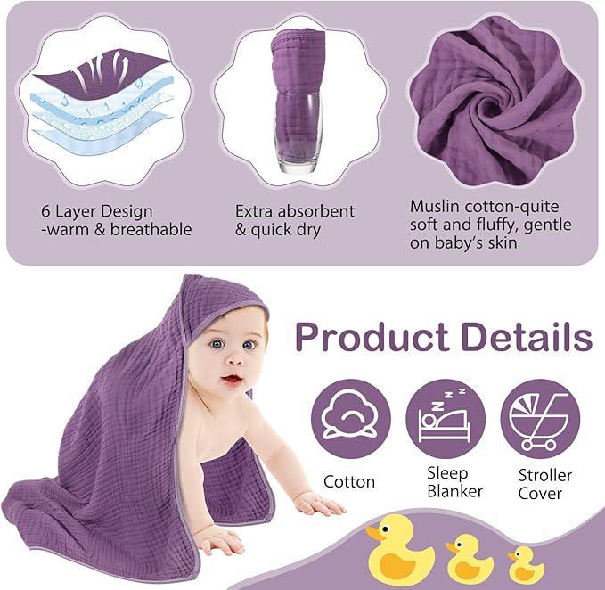 Peryiter 4 Pcs Muslin Hooded Baby Towels, 32"x 32" Cotton Newborn Bath Towel Muslin Infant Baby Blankets Absorbent Unisex Christmas Registry Gift Essentials for Girls Boys (Purple Series)