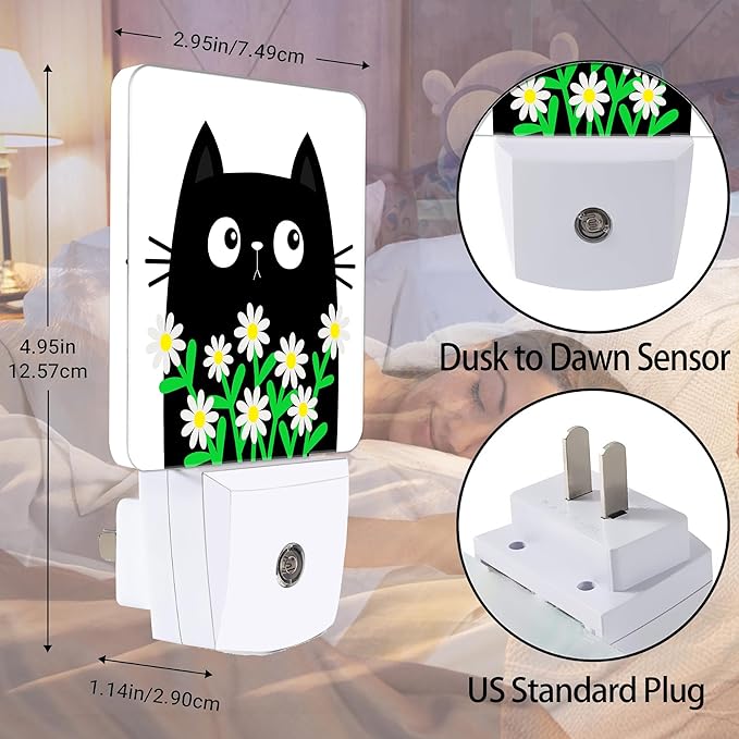 Cat Kitten Daisy Night Light, Camomile Bouquet Plug into Wall with Dusk to Dawn Light Sensors, Warm Nightlights for Bedroom, Bathroom, Hallway, Kitchen, Gifts Ideal for Women Men