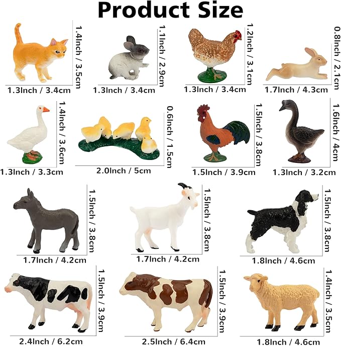 Toymany 14PCS 0.6-2.5" Tiny Farm Animal Figures Toy, Detailed Texture Farm Figurines Cake Topper, Easter Eggs Birthday Gift School Project for Kids Children Toddlers