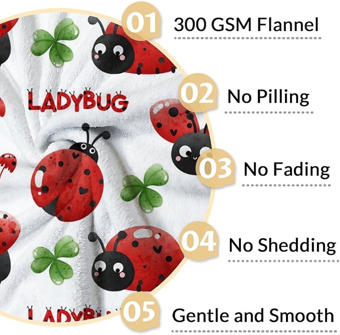 Ladybug Gifts - Kids Blanket for Ladybug Lovers - 30 x 40 Inches Lap Size White Cute Flannel Throw Blanket Stuff for Crib, Nap
