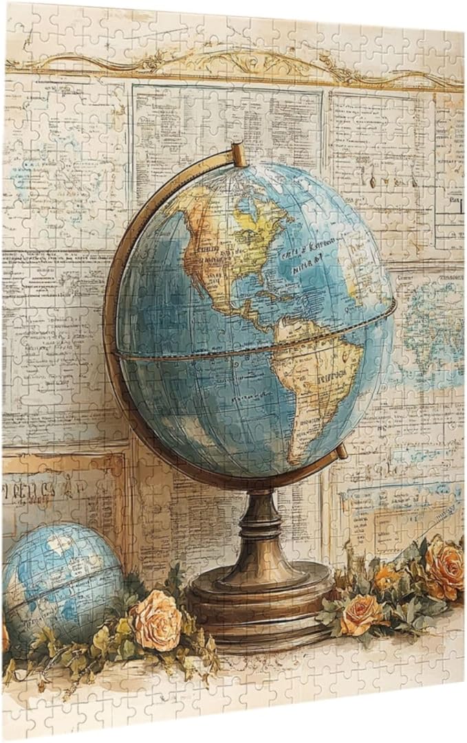 Elegant Globe Puzzle，World Map Inside, Vintage Backdrop, and Rose Detailing，500 Piece Adults Wooden Jigsaw Puzzle，Puzzles Suitable for Entertaining with Family During Holidays