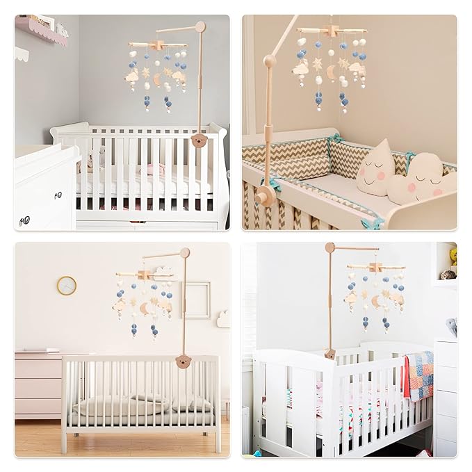 Boho Baby Crib Mobile Decor - Wooden Moon and Stars Nursery Mobiles with Cloud for Bassinet Starry Night Handmade Soft Felt Beads Hanging Wind Chime Toys Pendant for Infant Newborn Boy and Girl