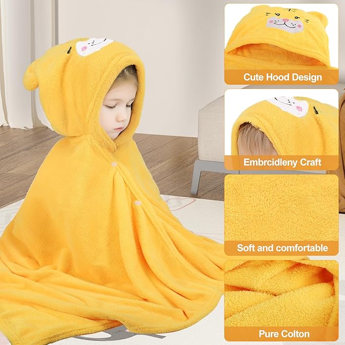 Toddler Bath Towel, Baby Hooded Towel, Ultra Absorbent Soft Shower Towel, Unisex Baby Bath Towel, Baby Towels with Hood for Kids Boys Girls, 27.5" x 55" (Yellow-Tiger)
