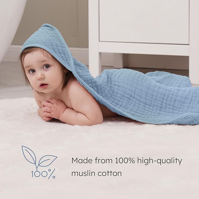 Looxii Baby Bath Towels 2 Pack Muslin Hooded Baby Towels for Newborn and Infants, 100% Cotton, Large 32x32Inch, Soft and Absorbent Blue+Green