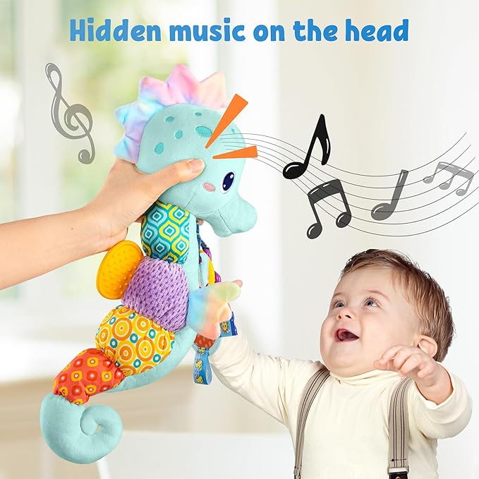 LIGHTDESIRE Baby Toys Musical Seahorse Stuffed Animals Infant Toys 0-6-12 Months with Mirror|Rattles|Crinkle|Baby Teething Toys,Sensory Toys for Tummy Time Newborn Boys Girls Birthday Gifts(Ice Blue)