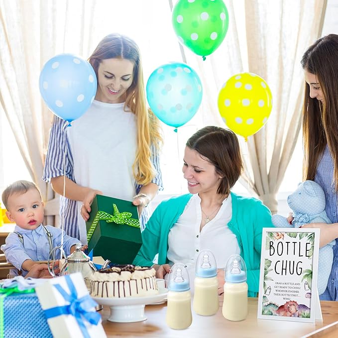 Roowest Bottle Chug Baby Shower Game Favors Including Dinosaur Theme Wooden Sign and 18 Pcs Baby Bottles for Gender Reveal Party Supplies