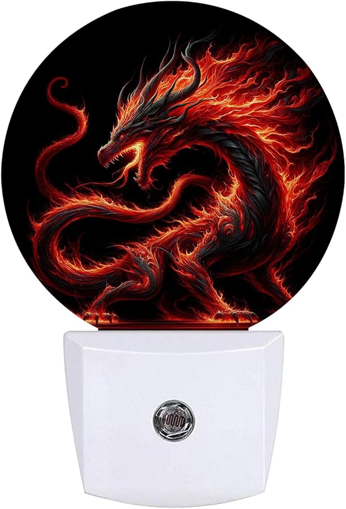 Red Dragon Night Light LED Lamp Round Plug into Wall Nightlight with Dusk to Dawn Sensor Home Hallway Stairway Kitchen Decor