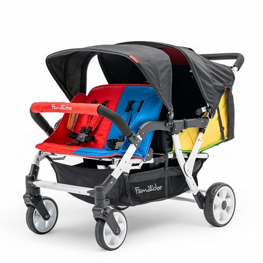 Familidoo H4E Quad Stroller Wagon for Kids, 4-Seater Daycare Baby Stroller with 5-Point Safety Harness, Lightweight & Foldable with All Reclining Seats, Double Canopy & Rain Cover – All-Terrain Wheels