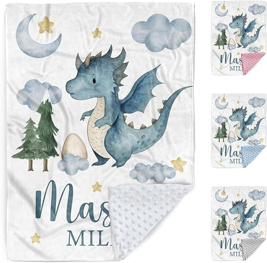 Personalized Baby Boy Blanket with Dinosaur Design, Custom Name Blanket for Toddlers Infants Boys Girls, Nursery Double Layer Dotted Backing Receiving Swaddle, Adorable Baby Gift Idea(30"x40")