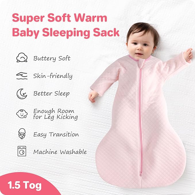 Easy Transition Baby Sleep Sack with Sleeves Soft Cotton Warm 3-6 Months 1.5 Tog, Sleeping Sack Soft Comfortable Wearable Blanket 2-Way Zipper, Sleeping Bag Sleep Sack Unisex Newborn Babies Girl Boy