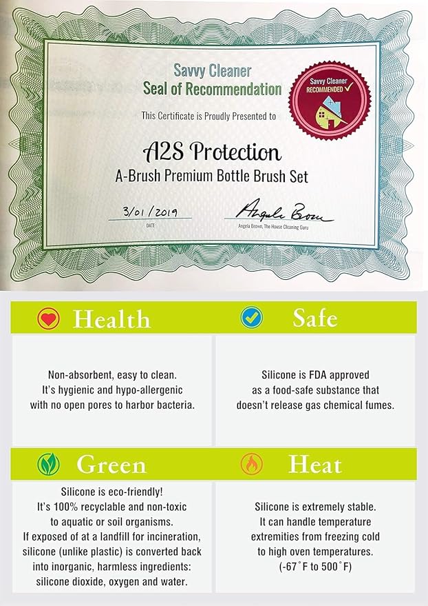 A-Brush Silicone Bottle Cleaner Brush, 3 Piece Set, Flexible, Long Handle - Water Bottle Cleaner, Baby Bottle Nipple Brush for Plastic & Glass, BPA-Free Dish Washing Brush A2S Protection