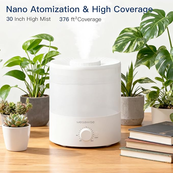 MEGAWISE 1.5L Cool Mist Humidifier for Bedroom, Home, Office, and Plants, Essential Oil Diffuser with Adjustable Mist Output, 25dB Quiet Ultrasonic, Up to 10 Hours, Easy to Clean