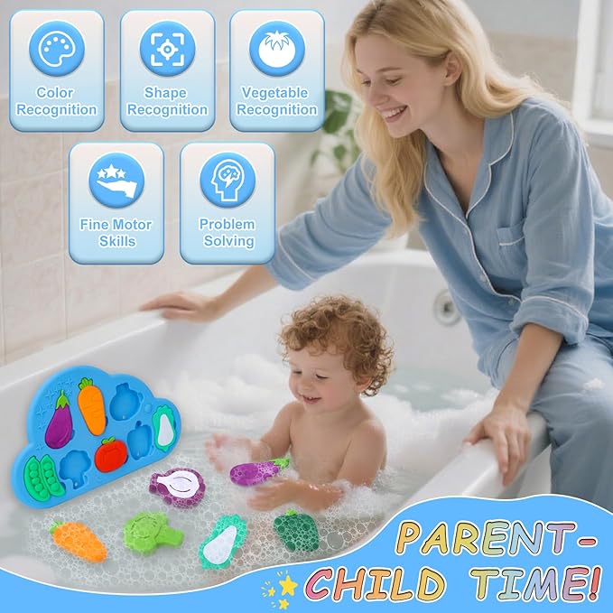 Baby Bath Toys, Premium Silcone Mold Free Vegetable Bath Toys, Soft Toddlers Floating Bathtub Toy, No Hole Tub Water Toys, Shape Sorting&Matching Educational Learning Toy Gift for Boys Girls Kids