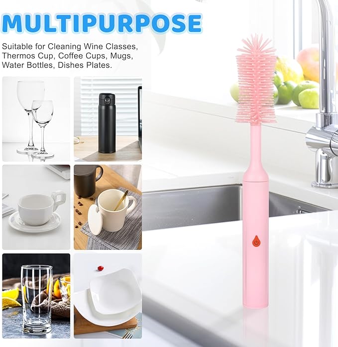 Electric Bottle Brush Cleaner, Bottle Brush Cleaner Baby with Nipple/Straw Cleaner Brush and Replaceable Silicone Bottle Brush, Waterproof Electric Bottle Cleaner, 2 Modes & 360° Rotation, Pink