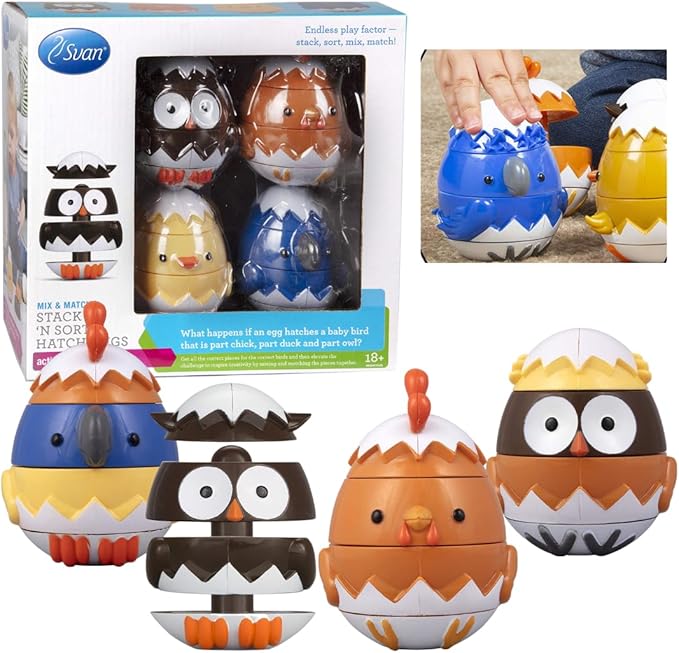 Egg Stacking & Sorting Animals, Mix & Match Adorable Hatching Friends- 4 Different Animals- Creative, Educational & Imaginative Hands On Building Toys- Baby Toddler Kids Xmas Gift- Chick Owl Duck Bird
