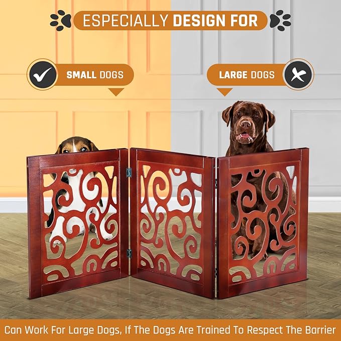 Bundaloo Freestanding Dog Gate Expandable Decorative Wooden Fence for Small to Medium Pet Dogs, Barrier for Stairs, Doorways, & Hallways (Mehagony Scroll)
