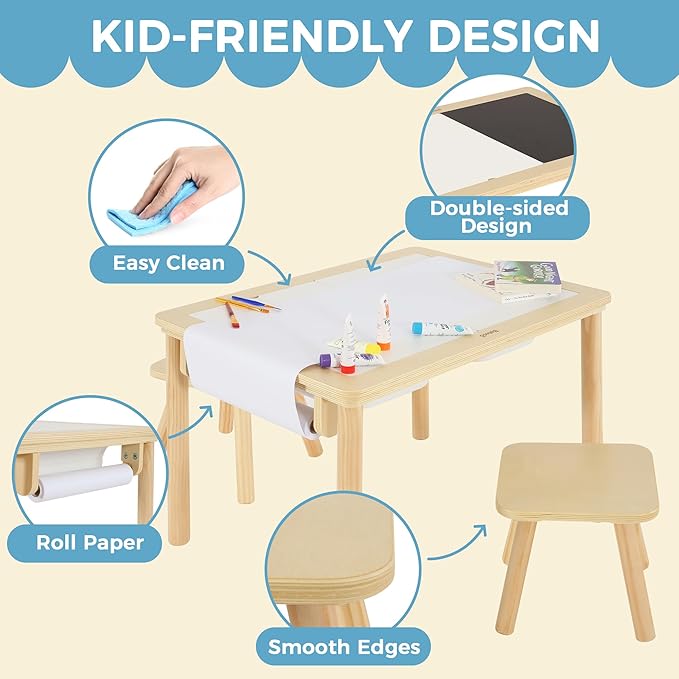 Sensory Table for Toddlers 1-3 with 2 Chairs & Roll Paper, Wooden Kid Activity Table Chair Set with Double-Sided Boards and 2 Storage Bins for Sand and Water Play