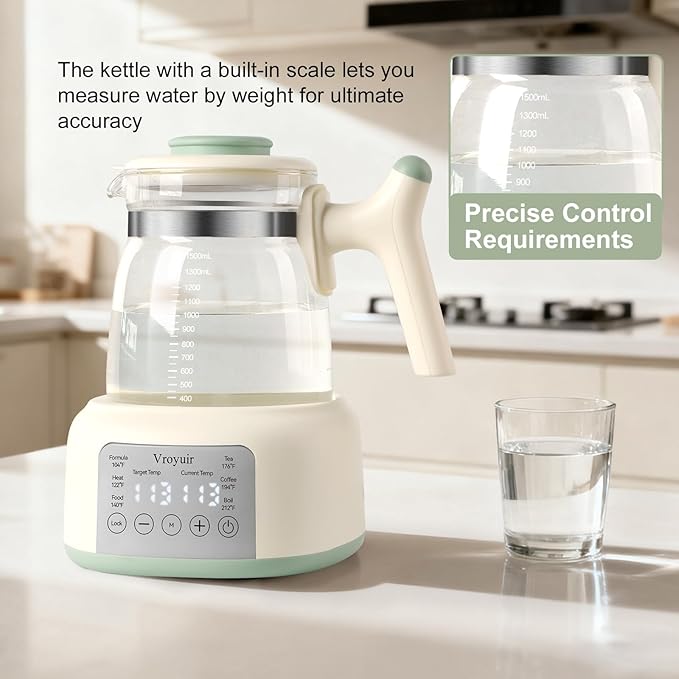 Instant Baby Water Warmer and Formula Dispenser, 1.5L Detachable Glass Tank with 6-Temp Settings, 72H Keep-Warm & Night Light, Universal for All Baby Bottles