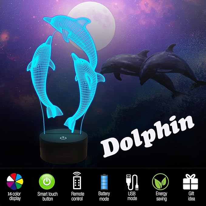 Night Light for Kids Ocean Dolphin 3D Night Light Porpoise Bedside Lamp with Remote Control 16 Color Changing Xmas Halloween Birthday Gift for Child Baby Girl