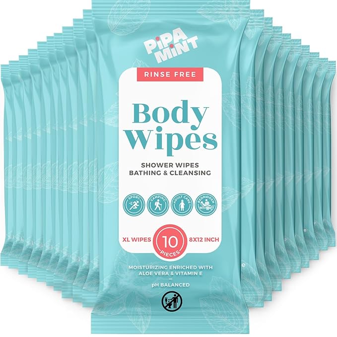 Body Wipes XL Shower Wipes Body Wipe for Adults Bathing, Traveling, Camping, Gym, Car, Elderly, Bedridden - Disposable Washcloths for Adults No Rinse 1 Box, Aloe 20 Pack (200 ct)