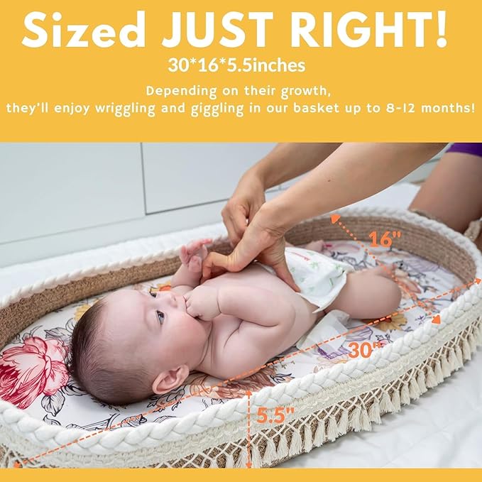 Baby Changing Basket Set with Diaper Caddy Organizer Macrame Boho Moses Basket for Babies, Handmade 100% Cotton Rope, Woven Portable Nursery Decor Waterproof Pad & Floral Pad