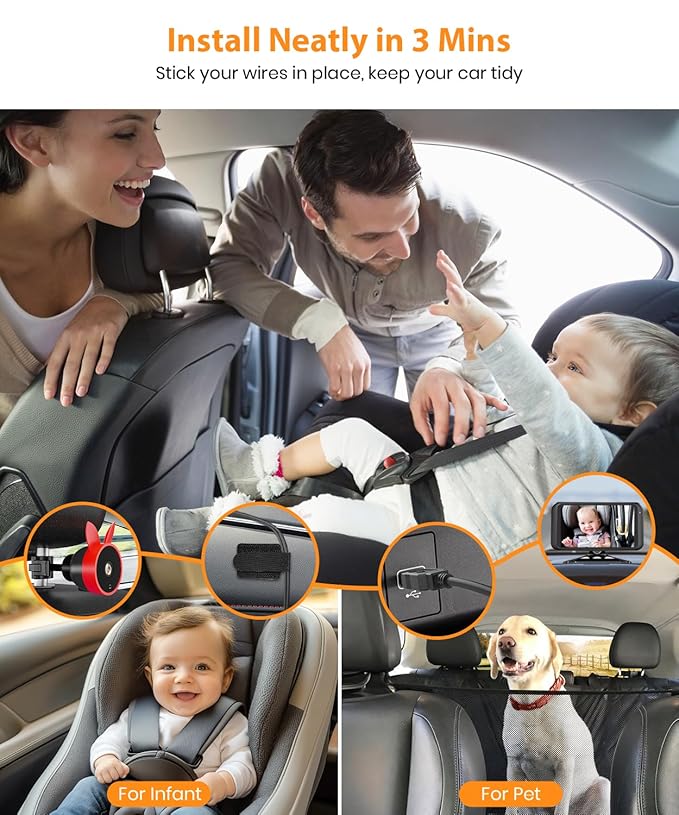Babyvue BV2 Baby Car Camera, 4.5'' HD 1080P USB Rear-Facing Mirror, IR Night Vision, 360° Adjustable, Plug & Play Backup Monitor for Child & Pet Safety