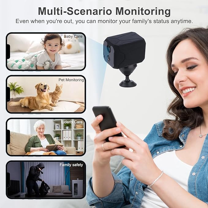 ZHENHAN 1440P HD Mini Wireless Camera Indoor Security Rechargeable Camera Motion Detection, Night Vision, 100-Day Battery, Cloud/SD Storage & App Control Nanny/Pet/Baby Monitor(Black)