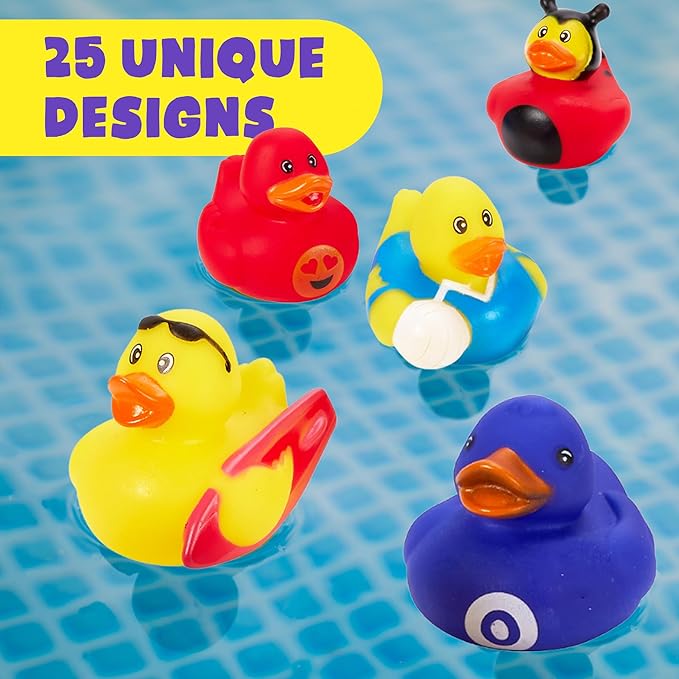 Playbees Assortment Rubber Duck Toy Duckies for Kids - 25 Pack - Sensory Play, Stress Relief, Stocking Stuffers, Bath Birthday Gifts Baby Showers Classroom Incentives, Summer Beach and Pool Activity