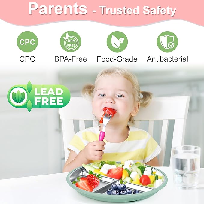 Bella's Friends Stainless Steel Toddler Plates Silicone Suction,3 Packs Non-Slip Baby Plates,Divided Portion,Food-Grade Silicone Plate for Kids,LEAD-FREE Dishwasher Safe,Grey Mint Green Pink