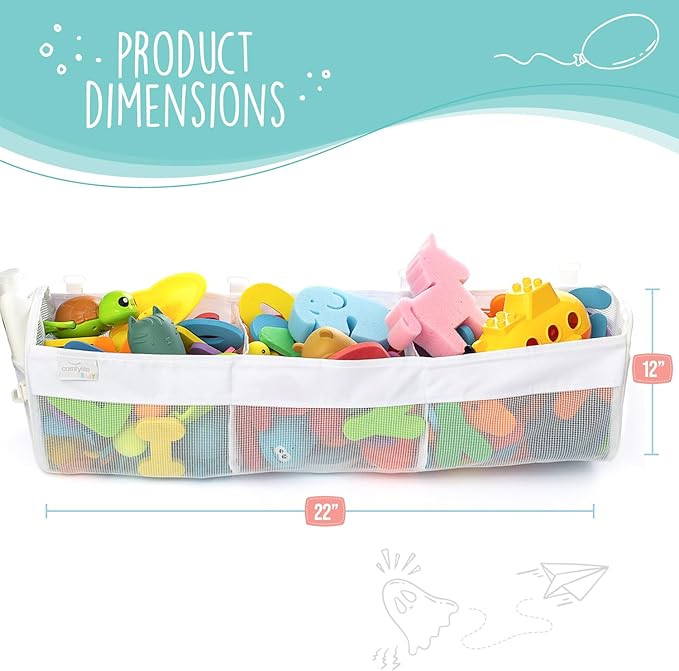 Comfylife Large Bath Toy Organizer – 3 Compartment Bath Toy Holder for Bathtub & Shower – Quick-Dry Mesh with 4 Strong Adhesive Hooks – Kids Toys Storage Net for Bathroom, shower & Tub