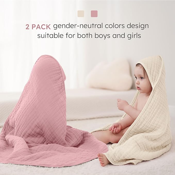 Looxii Baby Bath Towels 2 Pack Muslin Hooded Baby Towels for Newborn and Infants, 100% Cotton, Large 32x32Inch, Soft and Absorbent Beige+Pink