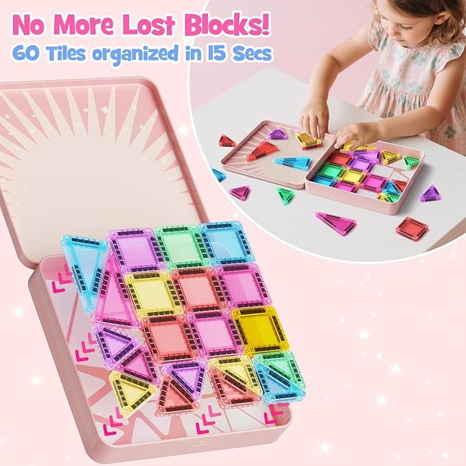 Travel Magnetic Tiles Building Set 60 PCS Transparent 3D Magnetic Blocks with Construction Board STEM Educational Building Toys for Boys & Girls Ages 3-12