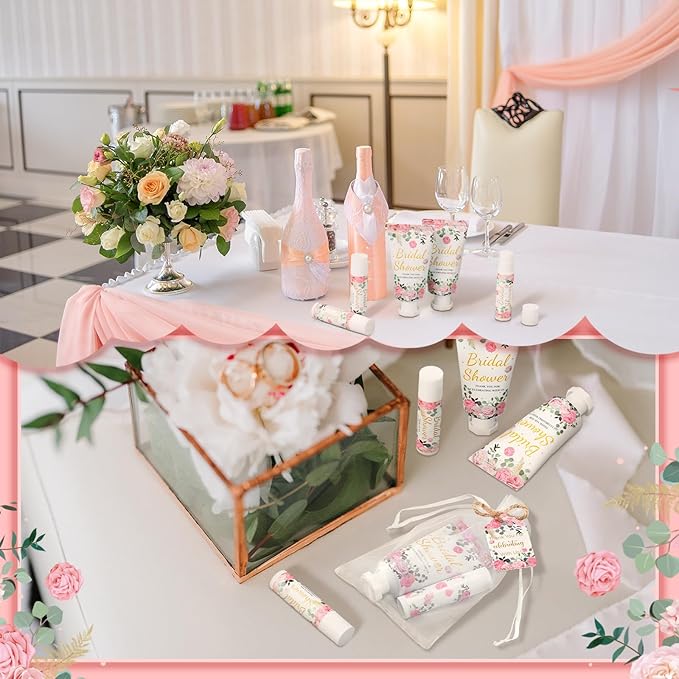 24 Sets Hand Cream and Lip Balm Gift Bridal Baby Shower Party Supply Travel Size Hand Lotion and Lip Balm Bulk with Organza Bag and Tag Wedding Baby Shower Party(Cherry,Floral)