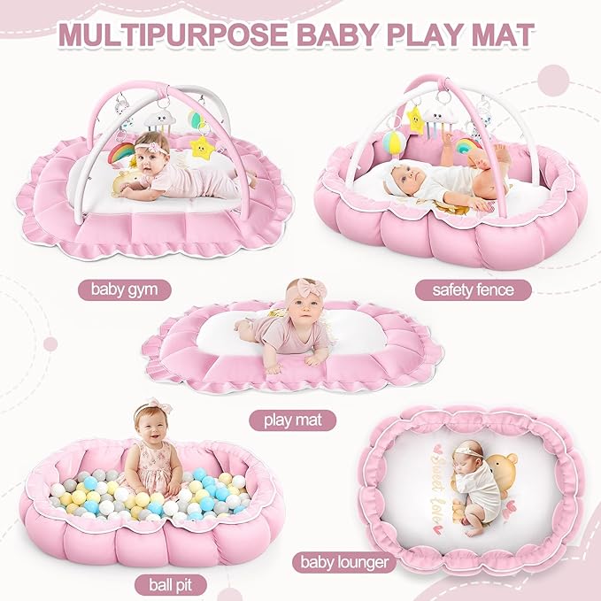 OCATO Baby Play Mat Gym: Baby Gril Gifts Tummy Time Mat Baby Play Gym Thick Large Baby Activity Center from Newborn to Toddler Skills Development Baby Essentials Baby Shower Gifts Ball Pit Cat Dog Bed