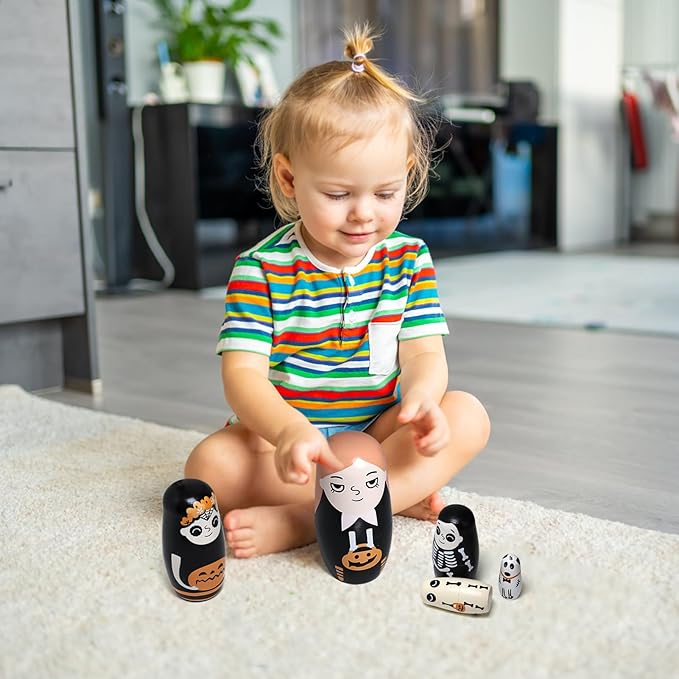 Halloween Nesting Dolls, 5Pcs 6"" Tall Russian Nesting Dolls, Handmade Matryoshka for Kids, Wooden Stacking Toys for Halloween Home Party Decorations (Pumpkin Girls)