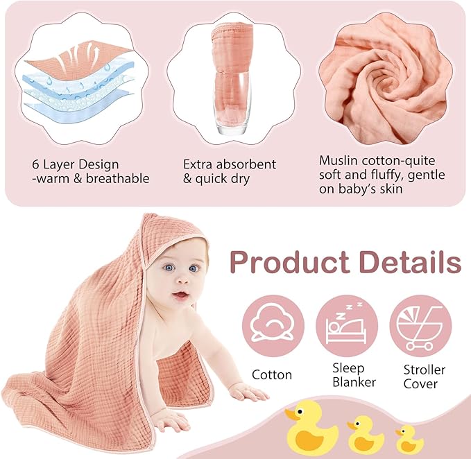 Peryiter 4 Pcs Muslin Hooded Baby Towels, 32"x 32" Cotton Newborn Bath Towel Muslin Infant Baby Blankets Absorbent Unisex Christmas Registry Gift Essentials for Girls Boys (Light Pink)