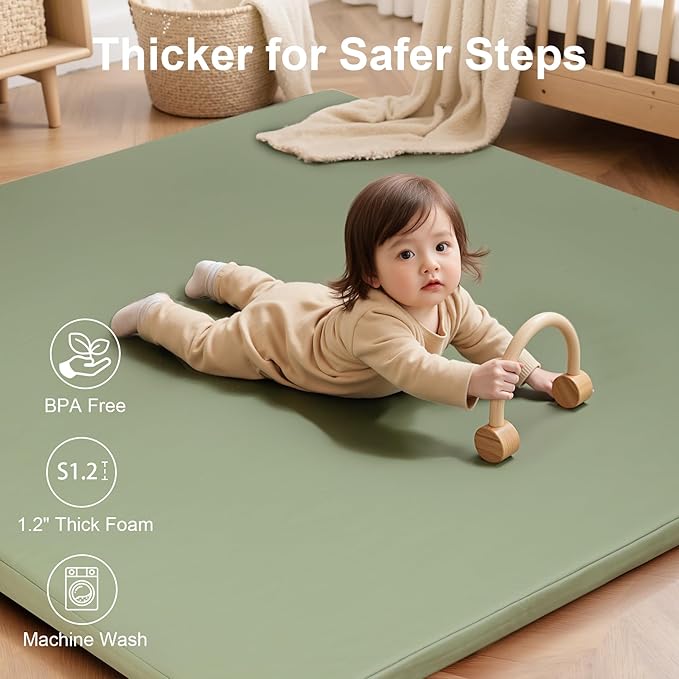 Baby Play Mat for Floor,50x50 Playpen Mat,Non-Slip Leather&Thick Foam Floor Cushion,Removable Waterproof Cover,Easy Care for Baby Crawling,Toddler,Kids,Tummy Time（Sage Green)