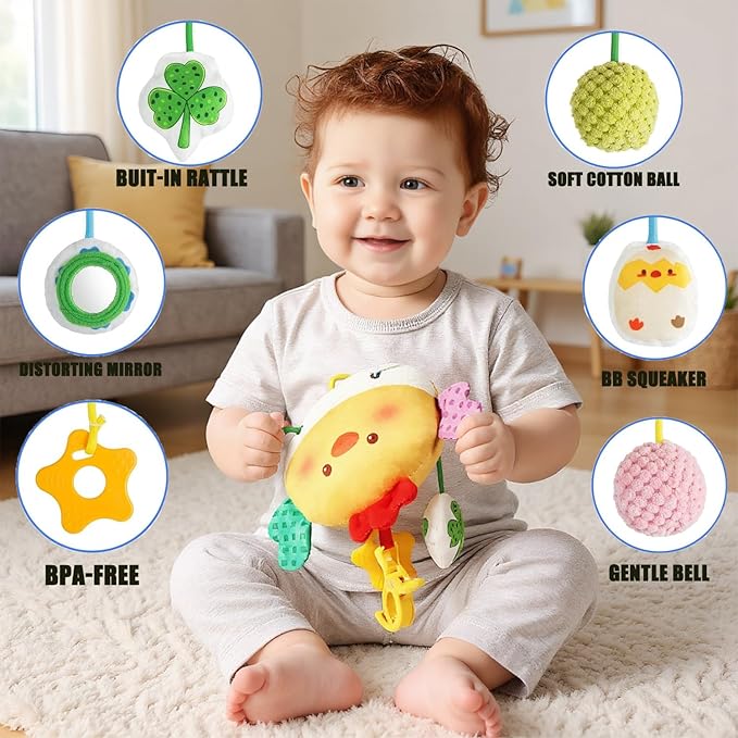 Carseat Toys Hanging, Crab Stroller Toy with Clamp,Plush Pull String Sensory Rattle,Built-in Bell, Rattle,Squeaky,Mirror for Infant,Babies Gift 0-3-6-12 Months Boy Girl