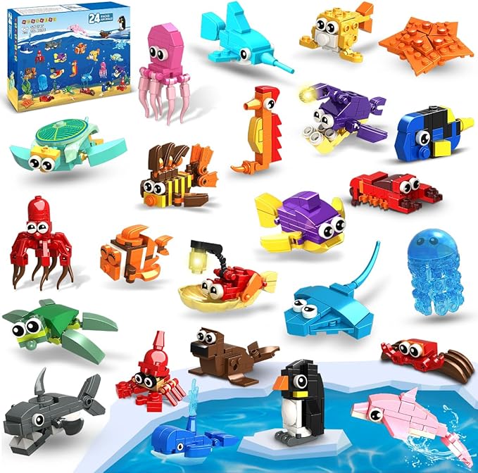 HOGOKIDS 24 Pack Party Favors for Kids Building Set - 629PCS Marine Animals Building Blocks Toy for Goodie Bag Stuffers Classroom Prizes, Valentines Day Easter Birthday Gift for Boys Girls Ages 6-12