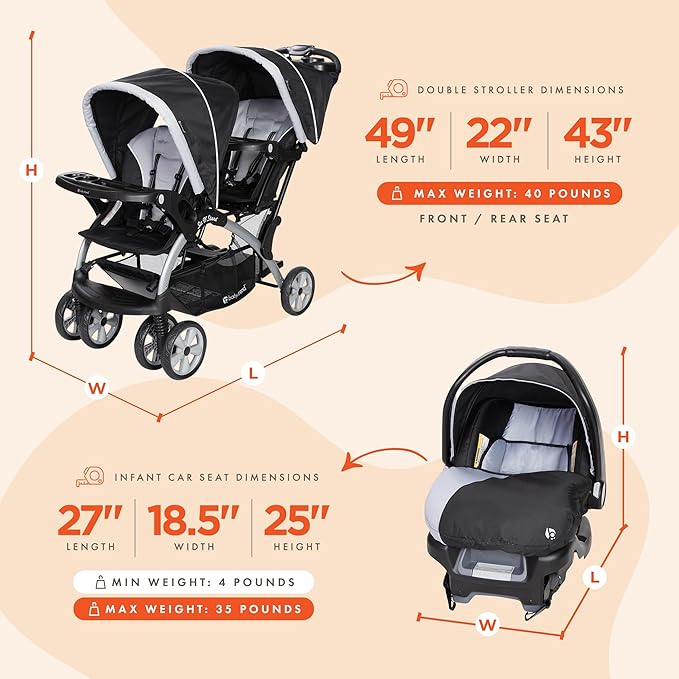 Baby Trend Infant and Toddler Double Stroller & 2 Car Seat Combo, 3 Pc Set, Stormy - Portable and Lightweight Stroller Duo and Car Seat Travel System Tandem