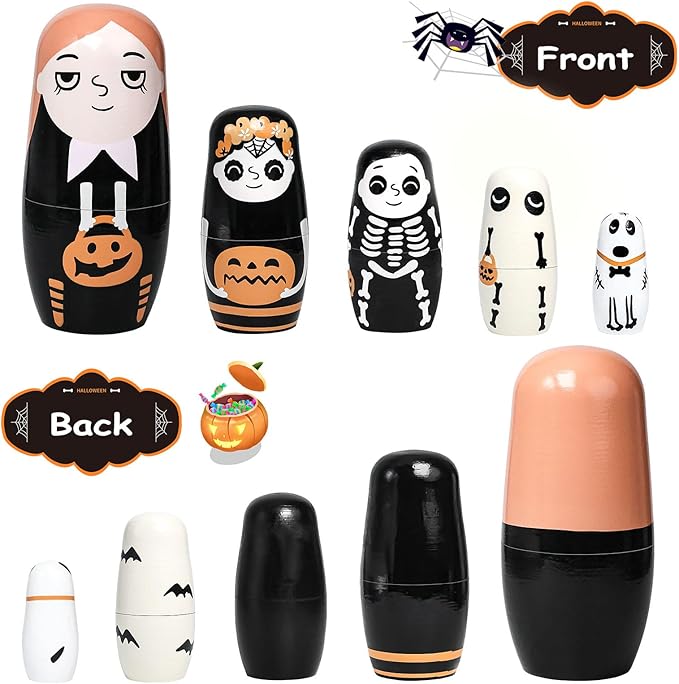 Halloween Nesting Dolls, 5Pcs 6"" Tall Russian Nesting Dolls, Handmade Matryoshka for Kids, Wooden Stacking Toys for Halloween Home Party Decorations (Pumpkin Girls)
