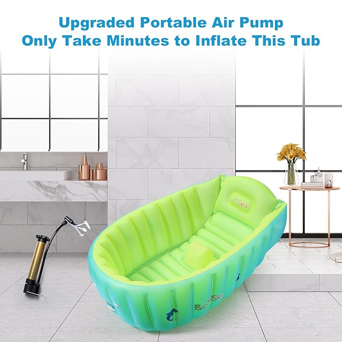 Inflatable Baby Bathtub, Boysea Toddler Bath Tub with Anti-Sliding Saddle Horn Helps Infants to Toddler Tub, Portable Travel Shower Basin with Air Pump, Back Support (Green)
