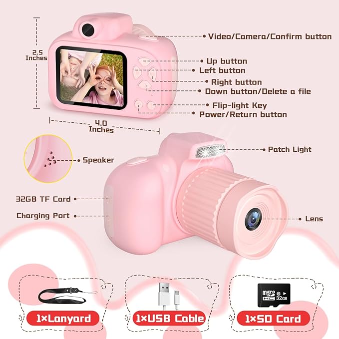 Temodu Kids Camera, Best Birthday Festival Toys Gifts for Girls Boys Age 3 4 5 6 7 8 9 10 11 12 Year Old, Digital Camera for Kids with Video, Toy Camera Toddler Camera for Girls with 32GB Card - Pink