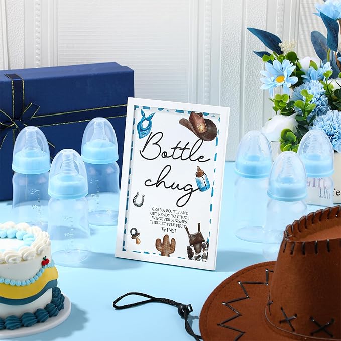 Roowest Bottle Chug Baby Shower Games Sets Including 18 Pcs Feeding Bottles with 1 Bottle Chug Wooden Sign for Gender Reveal Baby Shower Party Supplies(Blue,Cowboy)