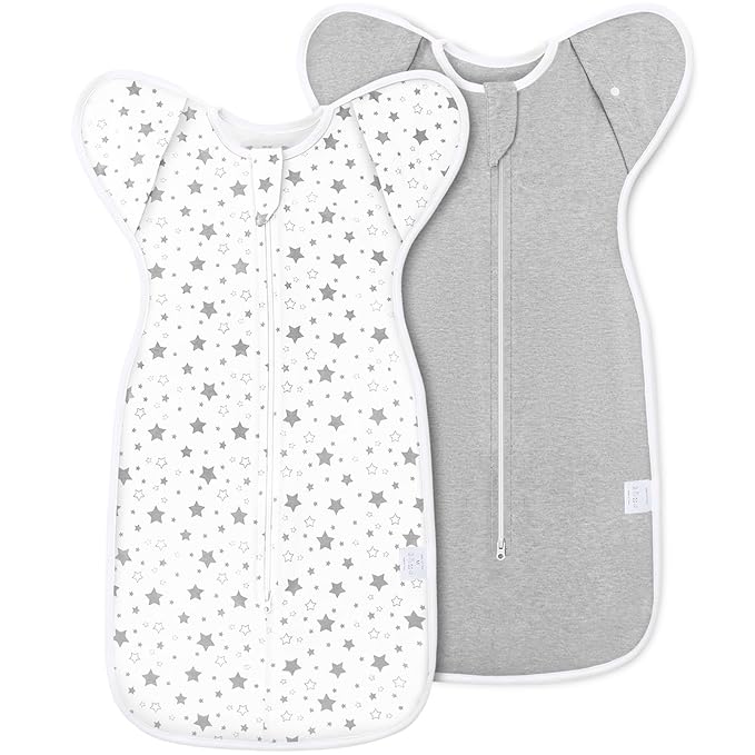 2-Pack Baby Swaddle Sleep Sack 0-3 Months - Arms Up Transitional Swaddle for Newborns, Baby Sleep Sack with Cuff Removable & 2-Way Zipper, Gray Stars Design
