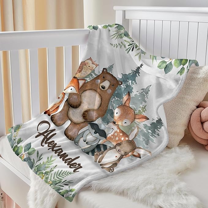 J&SBGFT Personalized Baby Blanket with Name, Customized Name Receiving Blanket for Boys' Crib, Stroller & Nursery - Forest Animal Theme