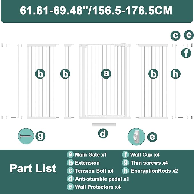 40.55" Tall 1.37" Ultra Narrow Spacing Dogs Pets Baby Gate for Doorway Hallway Safety Proof Indoor 61.61-69.48" Extra Wide Puppy Pressure Mounted No Drill Walk Through White Metal
