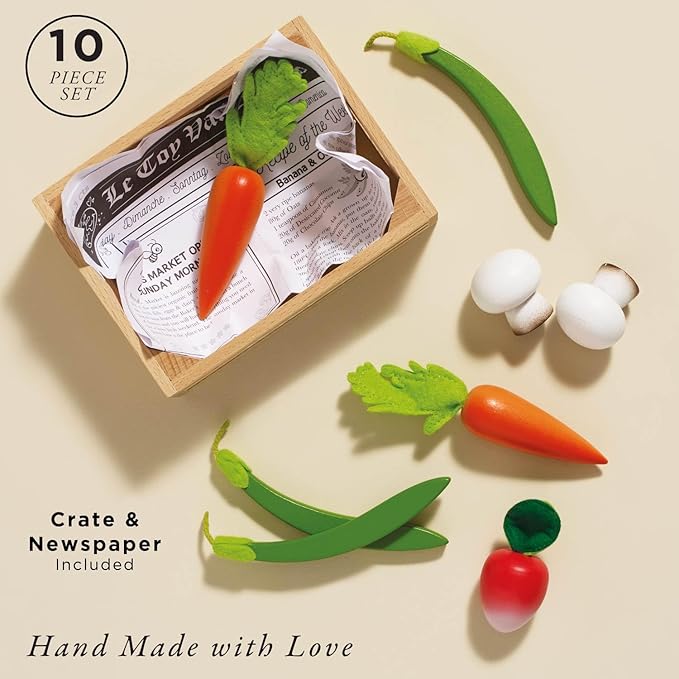 Le Toy Van - Wooden Honeybee Market Vegetables '5 a Day' Crate | Fun Role Play Supermarket Pretend Play Shop Food | Great Gift for Boys Or Girls, Harvest Vegetables Crate (TV182)