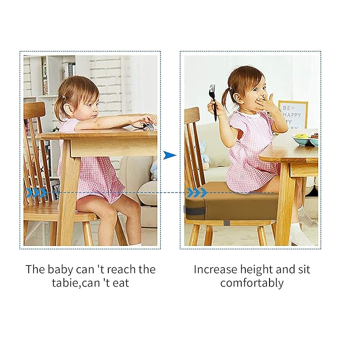Toddler Booster Seat for Dining Table, PU Washable Double Safe Straps Non-Slip Bottom Booster Seat Dining Toddler, Portable Travel Increasing Cushion (Khaki)