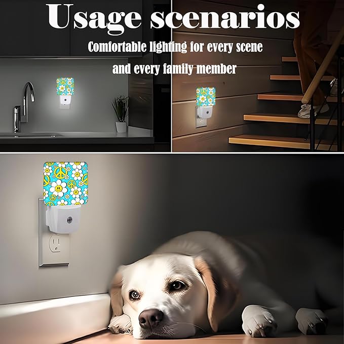 Peace Hippie in Flower Night Light,Plug-in Night Lights with Dusk to Dawn Sensor for Stairway,Hallway,Bedroom Sleep Friendly Ideal for Women/Girls/Boys Gift,0.5w